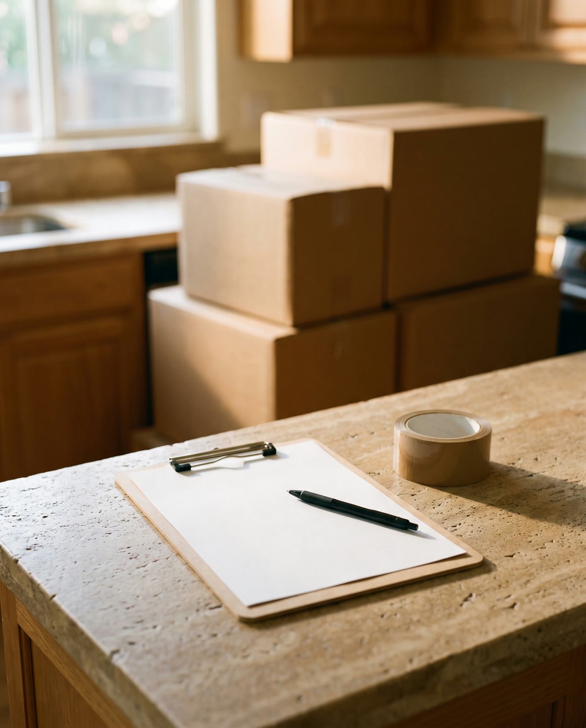 Moving boxes and a clipboard on a kitchen counter in morning light