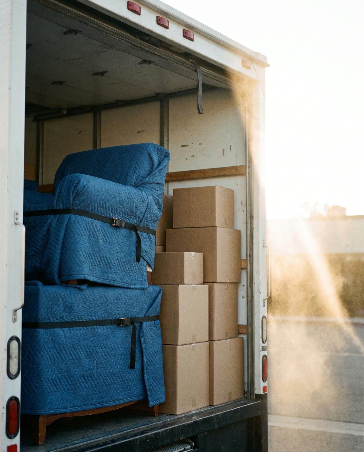 Furniture wrapped in blue moving blankets and strapped inside a truck