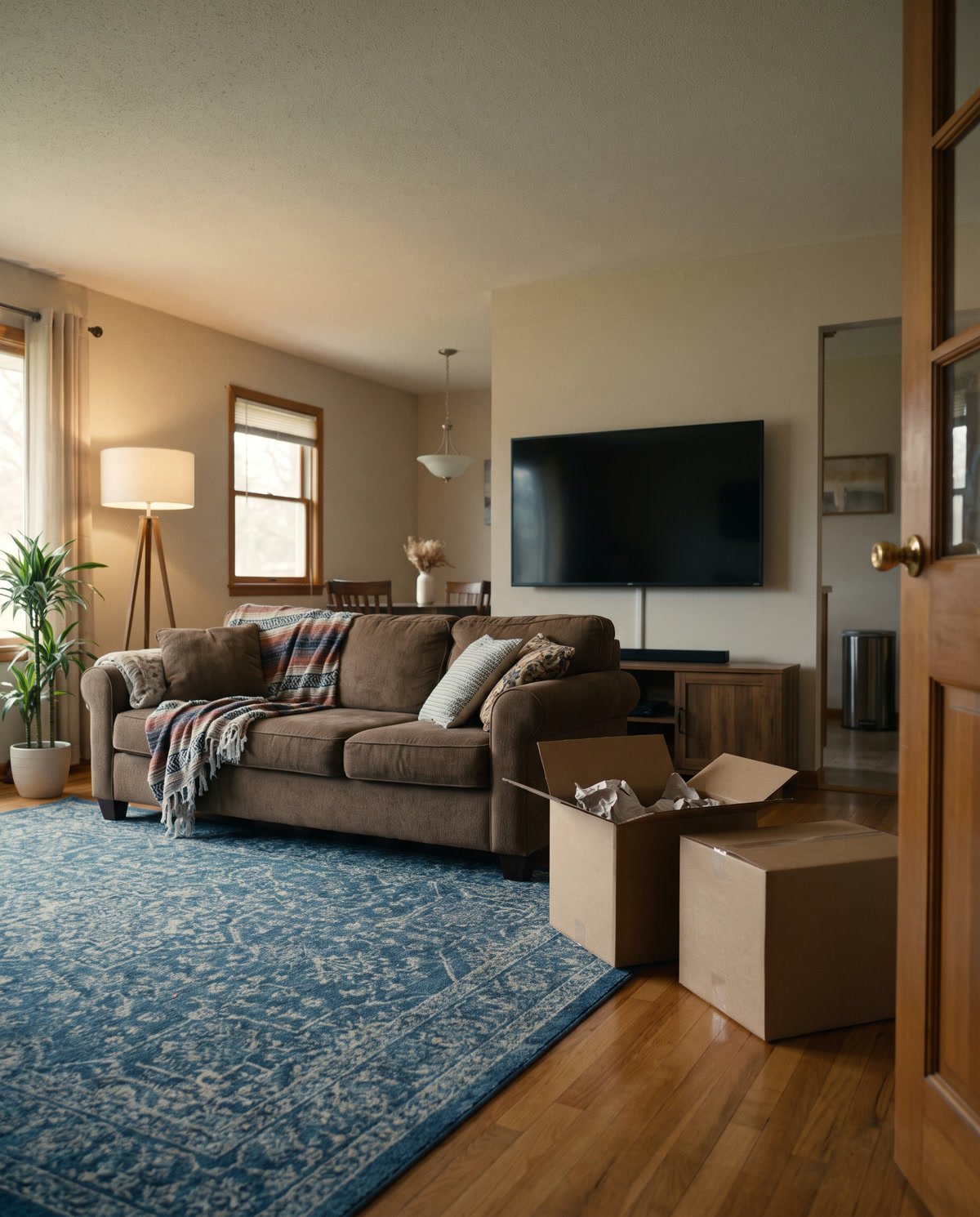 A furnished living room in a new home with a few boxes left to unpack
